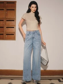 Anewsta Women's Light Blue Washed Rhinestone Detail Wide Leg Jeans, Y2K Casual Fall/Winter Denim Pants For Date Outfits - Blue - View 5