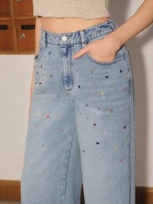 Anewsta Women's Light Blue Washed Rhinestone Detail Wide Leg Jeans, Y2K Casual Fall/Winter Denim Pants For Date Outfits - Blue - View 2