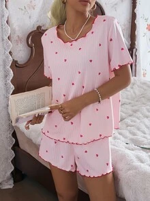 CottageSlumber Pink Heart Ribbed Knit Loose Fit Short Sleeve & Shorts Pajama Set For Women - Pink - View 5