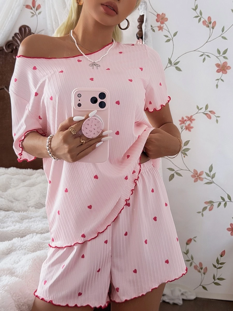 CottageSlumber Pink Heart Ribbed Knit Loose Fit Short Sleeve & Shorts Pajama Set For Women - Pink - View 1