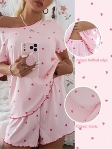 CottageSlumber Pink Heart Ribbed Knit Loose Fit Short Sleeve & Shorts Pajama Set For Women - Pink - View 4