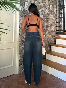 Ronhire Cotton Balloon Jeans, Loose Street-Style Washed White Wide-Leg Women Jeans - Blue - View 2