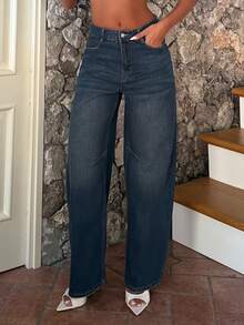 Ronhire Cotton Balloon Jeans, Loose Street-Style Washed White Wide-Leg Women Jeans - Blue - View 3