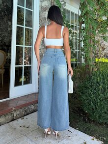 Ronhire Women's Casual Loose Fit Contrast Color Pocket Flare Leg Jeans School - Blue - View 2