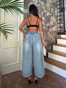 Ronhire Women's High Waist Loose Wide Leg Denim Jeans, With Side Pockets, Light Blue, Suitable For Vacation And Summer Casual Wear - White - View 2