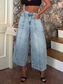 Ronhire Women's High Waist Loose Wide Leg Denim Jeans, With Side Pockets, Light Blue, Suitable For Vacation And Summer Casual Wear - White - View 7