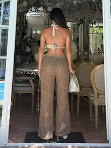 Ronhire Women's Extra Long Wide Leg Espresso Brown Sequin Party Pants,Seductive Summer Holiday Night Out Sparkly Pants,Elegant Club Mermaid Western Style - Brown - View 3