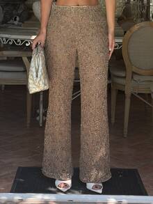 Ronhire Women's Extra Long Wide Leg Espresso Brown Sequin Party Pants,Seductive Summer Holiday Night Out Sparkly Pants,Elegant Club Mermaid Western Style - Brown - View 4
