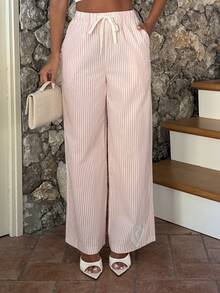 Ronhire Women's Drawstring Waist Pockets Striped Casual Versatile Straight Leg Pants For Daily Wear - Pink - View 3