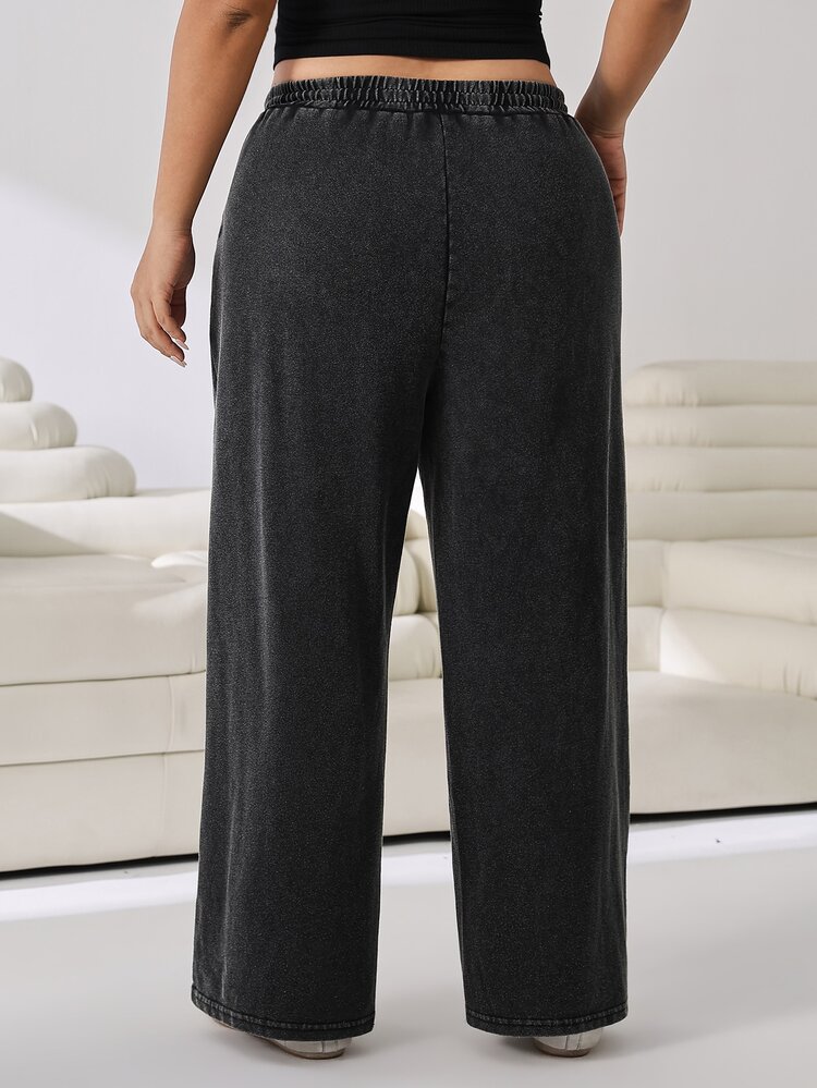 Solflare Plus Size Casual Cowboy Washed Drawstring Waist Sweatpants Formal Gray Summer Airport Vacation - Black - View 2