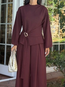 Ronhire Dark 's Autumn Elegant Work 2-Piece Set,Long Sleeve Shoulder Ruffle Top With Metal Decor Waist Tie And Wide Leg Pants With Pockets,Banquet - Brown - View 4