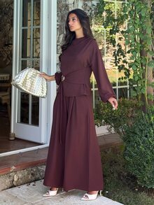 Ronhire Dark 's Autumn Elegant Work 2-Piece Set,Long Sleeve Shoulder Ruffle Top With Metal Decor Waist Tie And Wide Leg Pants With Pockets,Banquet - Brown - View 7