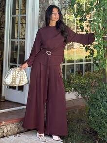Ronhire Dark 's Autumn Elegant Work 2-Piece Set,Long Sleeve Shoulder Ruffle Top With Metal Decor Waist Tie And Wide Leg Pants With Pockets,Banquet - Brown - View 6