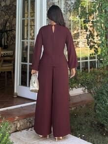 Ronhire Dark 's Autumn Elegant Work 2-Piece Set,Long Sleeve Shoulder Ruffle Top With Metal Decor Waist Tie And Wide Leg Pants With Pockets,Banquet - Brown - View 3