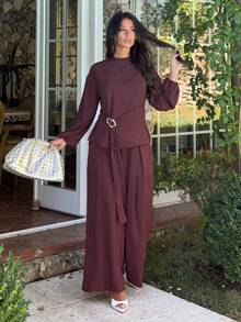 Ronhire Dark 's Autumn Elegant Work 2-Piece Set,Long Sleeve Shoulder Ruffle Top With Metal Decor Waist Tie And Wide Leg Pants With Pockets,Banquet - Brown - View 5
