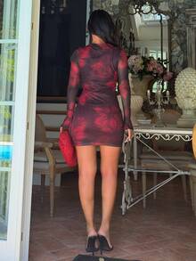 Ronhire Women's Black Red Floral Mesh Pattern Print Plunging Neck Long Sleeve Mini Dress,Autumn Techno Club Night Rave Music Festival Casual Vacation - Burgundy - View 2