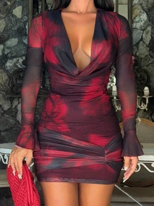 Ronhire Women's Black Red Floral Mesh Pattern Print Plunging Neck Long Sleeve Mini Dress,Autumn Techno Club Night Rave Music Festival Casual Vacation - Burgundy - View 3
