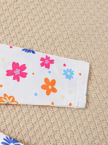 SHEIN Playful Pals 女嬰多色純色與花卉印花打底褲 4 件組，柔軟彈性腰頭秋季休閒日常下身褲 - 彩色 - 查看 5