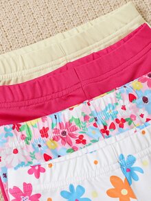 SHEIN Playful Pals 女嬰多色純色與花卉印花打底褲 4 件組，柔軟彈性腰頭秋季休閒日常下身褲 - 彩色 - 查看 3