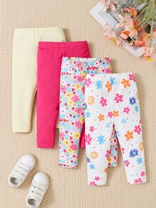 SHEIN Playful Pals 女嬰多色純色與花卉印花打底褲 4 件組，柔軟彈性腰頭秋季休閒日常下身褲 - 彩色 - 查看 8