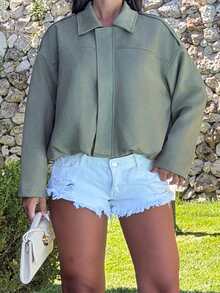 Ronhire Women's Regular Faux Suede Long Sleeve Single Breasted Loose Casual Jacket, For Spring, Pocket Metal Button Short Military Green Suitable And Autumn - Army Green - View 3