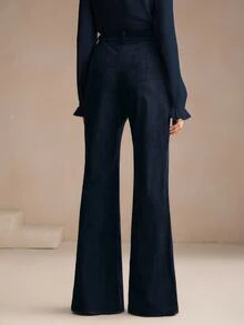 Anewsta 女款海軍藍燈芯絨西裝長褲，鉚釘口袋設計，優雅商務休閒喇叭褲，適合春秋教師節辦公室穿著 - 藏蓝色 - 查看 7