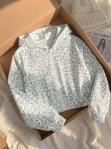 Jaket Sweatshirt Kasual Motif Leopard untuk Anak Perempuan, Sweatshirt Lengan Panjang Pendek, Gaya Kembali ke Sekolah Musim Semi/Gugur - Grey - View 5