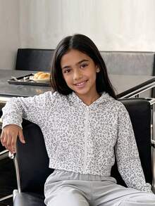 Jaket Sweatshirt Kasual Motif Leopard untuk Anak Perempuan, Sweatshirt Lengan Panjang Pendek, Gaya Kembali ke Sekolah Musim Semi/Gugur - Grey - View 6