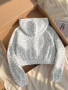 Jaket Sweatshirt Kasual Motif Leopard untuk Anak Perempuan, Sweatshirt Lengan Panjang Pendek, Gaya Kembali ke Sekolah Musim Semi/Gugur - Grey - View 2