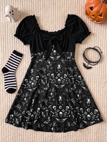 Comfortcana Plus Size Casual Dark Print Patchwork Lace-Up Dress - Black - View 2