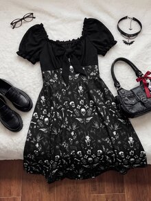 Comfortcana Plus Size Casual Dark Print Patchwork Lace-Up Dress - Black - View 4