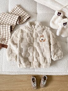 SHEIN Vintaside Kids 1件男嬰秋冬米色可愛休閒格紋壓紋熊刺繡立領長袖拉鍊外套，寬鬆落肩版型，適合日常外出、戶外散步、上學通勤、家庭聚會、拍照拍攝 - 棕色 - 查看 7