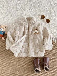 SHEIN Vintaside Kids 1件男嬰秋冬米色可愛休閒格紋壓紋熊刺繡立領長袖拉鍊外套，寬鬆落肩版型，適合日常外出、戶外散步、上學通勤、家庭聚會、拍照拍攝 - 棕色 - 查看 5