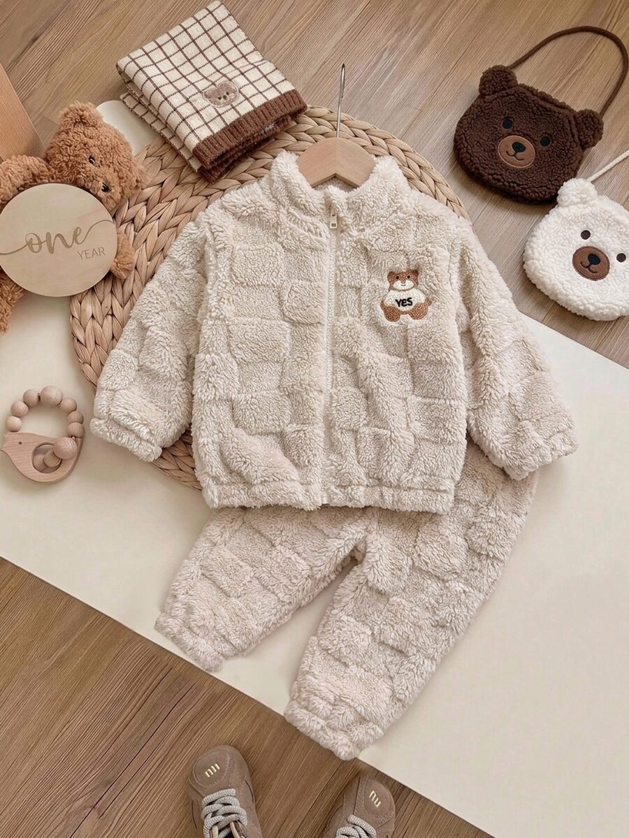 SHEIN Vintaside Kids 1件男嬰秋冬米色可愛休閒格紋壓紋熊刺繡立領長袖拉鍊外套,寬鬆落肩版型,適合日常外出、戶外散步、上學通勤、家庭聚會、拍照拍攝 - 棕色 - 查看 1
