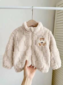 SHEIN Vintaside Kids 1件男嬰秋冬米色可愛休閒格紋壓紋熊刺繡立領長袖拉鍊外套，寬鬆落肩版型，適合日常外出、戶外散步、上學通勤、家庭聚會、拍照拍攝 - 棕色 - 查看 3