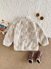 SHEIN Vintaside Kids 1件男嬰秋冬米色可愛休閒格紋壓紋熊刺繡立領長袖拉鍊外套，寬鬆落肩版型，適合日常外出、戶外散步、上學通勤、家庭聚會、拍照拍攝 - 棕色 - 查看 2