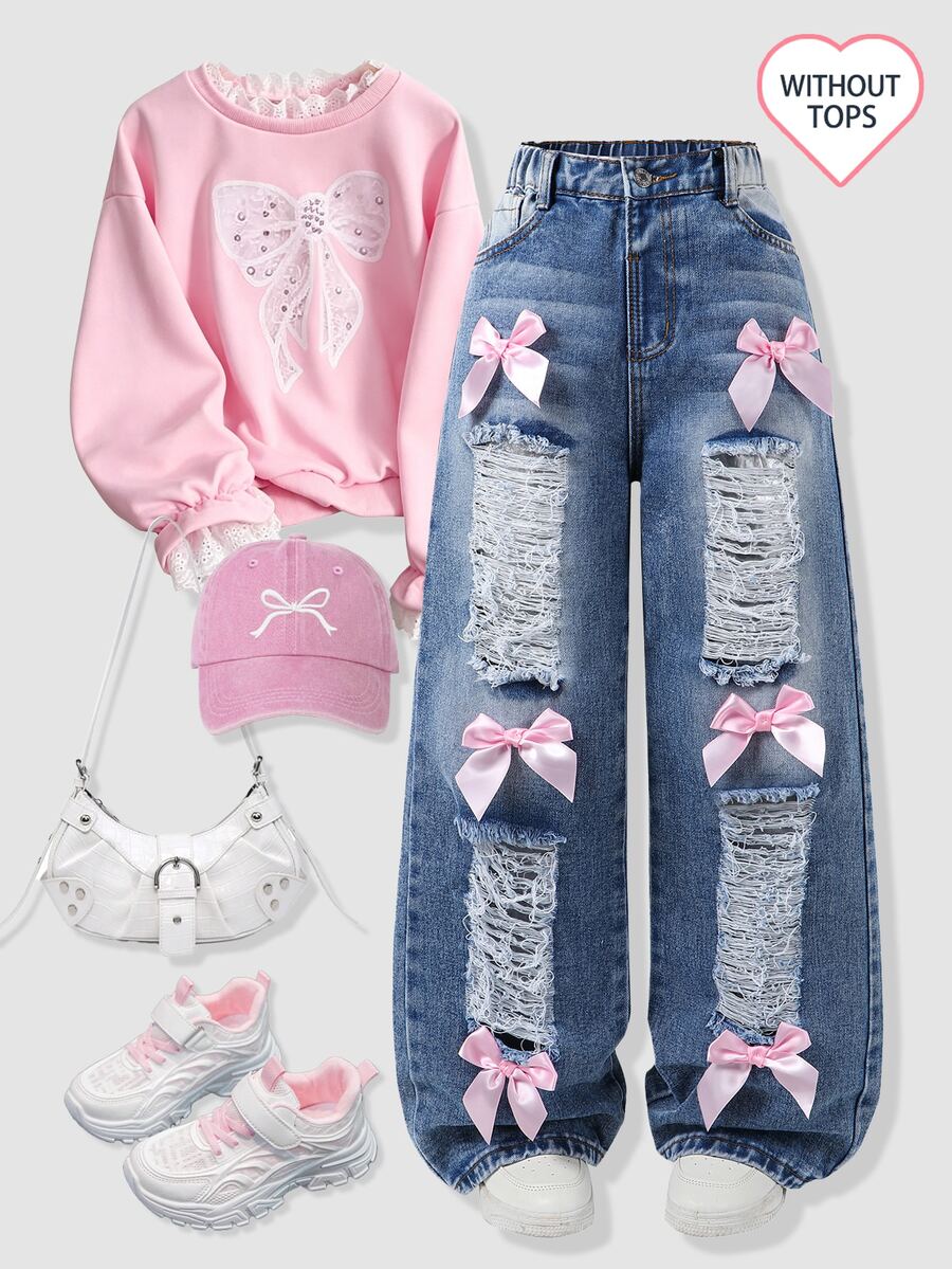 SHEIN Tween Girl Bow Front Ripped Wide Leg Jeans - Dark Wash - View 1