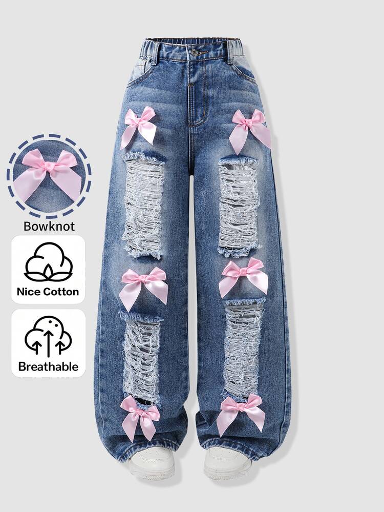 SHEIN Tween Girl Bow Front Ripped Wide Leg Jeans - Dark Wash - View 3