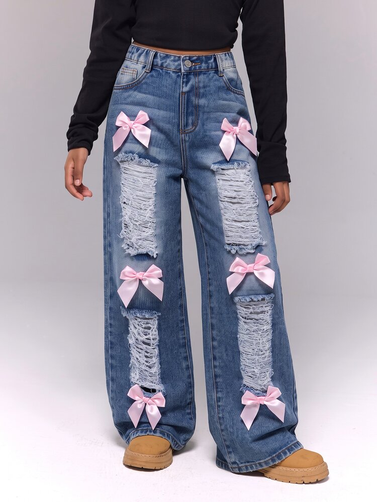 SHEIN Tween Girl Bow Front Ripped Wide Leg Jeans - Dark Wash - View 6