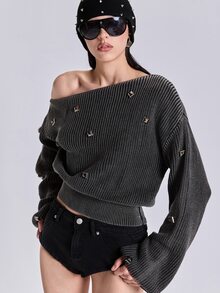 ROMWE Summer Spring Autumn Winter Punk Street Casual Y2K Rivet Boat Neck Washed Distressed Cropped Long Sleeve Sweater - Dark Grey - View 3