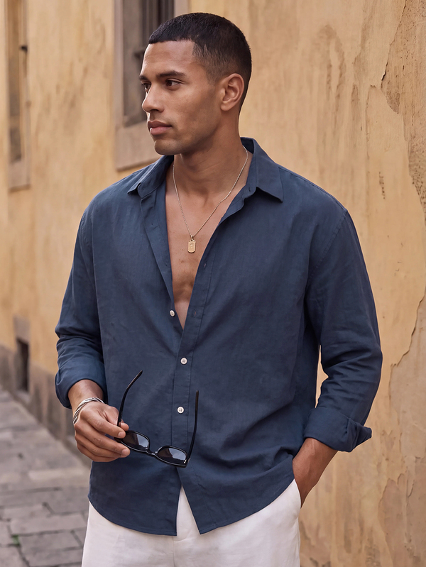 HIMLAND Men's Solid Color Casual Versatile Daily Long Sleeve Shirt