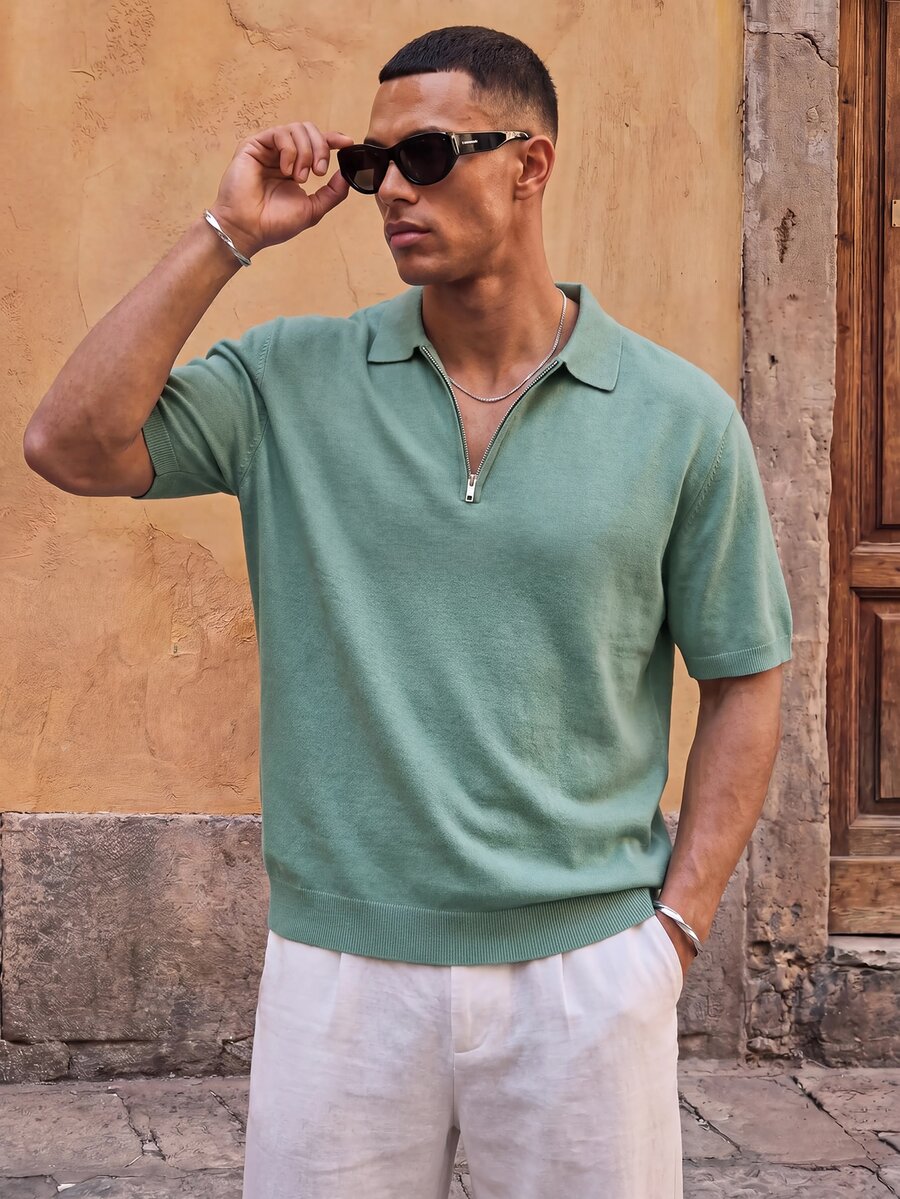 HIMLAND Men's Solid Color Casual Versatile Daily Knit Top - Olive Green - View 1