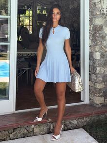 Ronhire Gaun Rajut Minimalis Elegan Wanita Warna Beige Model A-Line untuk Perjalanan Sehari-hari - Baby Blue - View 6