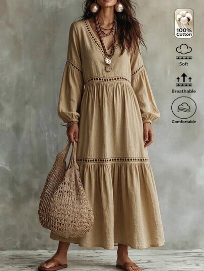 Omancia Women's Hollow Out Cotton Linen Long Sleeve Dress, V-Neck Lantern Sleeve Dress, For Vacation Daily Wear