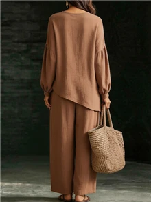 SHEIN LUNE Setelan Wanita Leher V Asimetris Kancing Lengan Lentera, Celana Panjang Longgar Kaki Lebar Linen 2 Potong Setelan Musim Gugur Cantik dan Klasik - Khaki - View 2