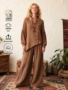 SHEIN LUNE Setelan Wanita Leher V Asimetris Kancing Lengan Lentera, Celana Panjang Longgar Kaki Lebar Linen 2 Potong Setelan Musim Gugur Cantik dan Klasik - Khaki - View 4