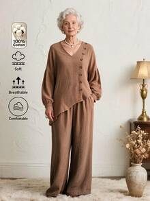 SHEIN LUNE Setelan Wanita Leher V Asimetris Kancing Lengan Lentera, Celana Panjang Longgar Kaki Lebar Linen 2 Potong Setelan Musim Gugur Cantik dan Klasik - Khaki - View 3