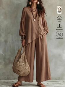 SHEIN LUNE Setelan Wanita Leher V Asimetris Kancing Lengan Lentera, Celana Panjang Longgar Kaki Lebar Linen 2 Potong Setelan Musim Gugur Cantik dan Klasik - Khaki - View 1