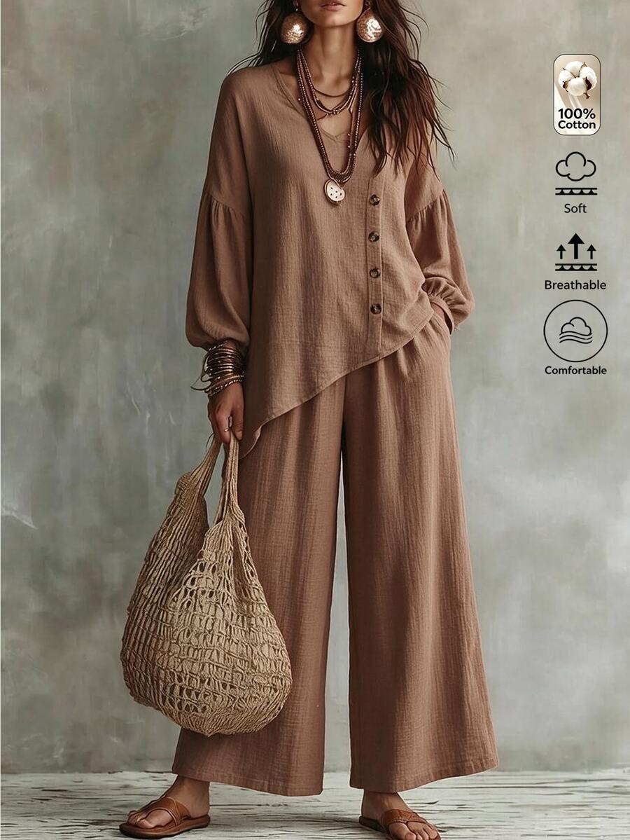 SHEIN LUNE Setelan Wanita Leher V Asimetris Kancing Lengan Lentera, Celana Panjang Longgar Kaki Lebar Linen 2 Potong Setelan Musim Gugur Cantik dan Klasik - Khaki - View 1