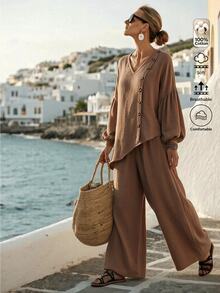 SHEIN LUNE Setelan Wanita Leher V Asimetris Kancing Lengan Lentera, Celana Panjang Longgar Kaki Lebar Linen 2 Potong Setelan Musim Gugur Cantik dan Klasik - Khaki - View 7